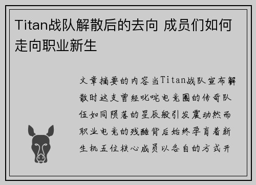 Titan战队解散后的去向 成员们如何走向职业新生
