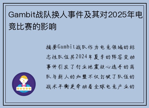Gambit战队换人事件及其对2025年电竞比赛的影响