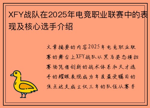 XFY战队在2025年电竞职业联赛中的表现及核心选手介绍